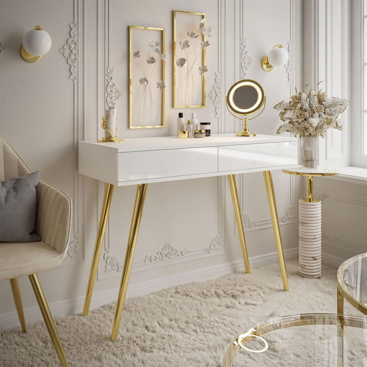 KONSOLE SIENNA GOLD mit Schubladen auf goldenen Beinen PUSH OPEN - Weiß Hochglanz, Holzwerkstoff (100/81/42cm)