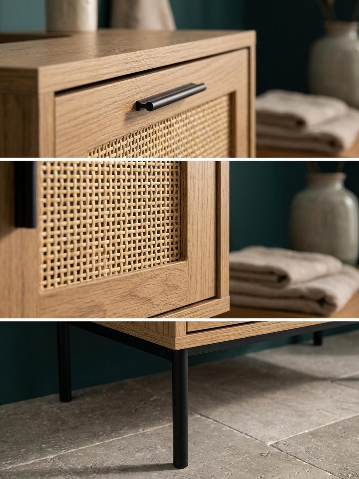 WASCHBECKENUNTERSCHRANK Eiche-Optik 60x60x40 cm mit Tür, Schubladen und Rattangeflecht - Schwarz/Braun, Holzwerkstoff/Metall (60/60/40cm) - KADIMA DESIGN