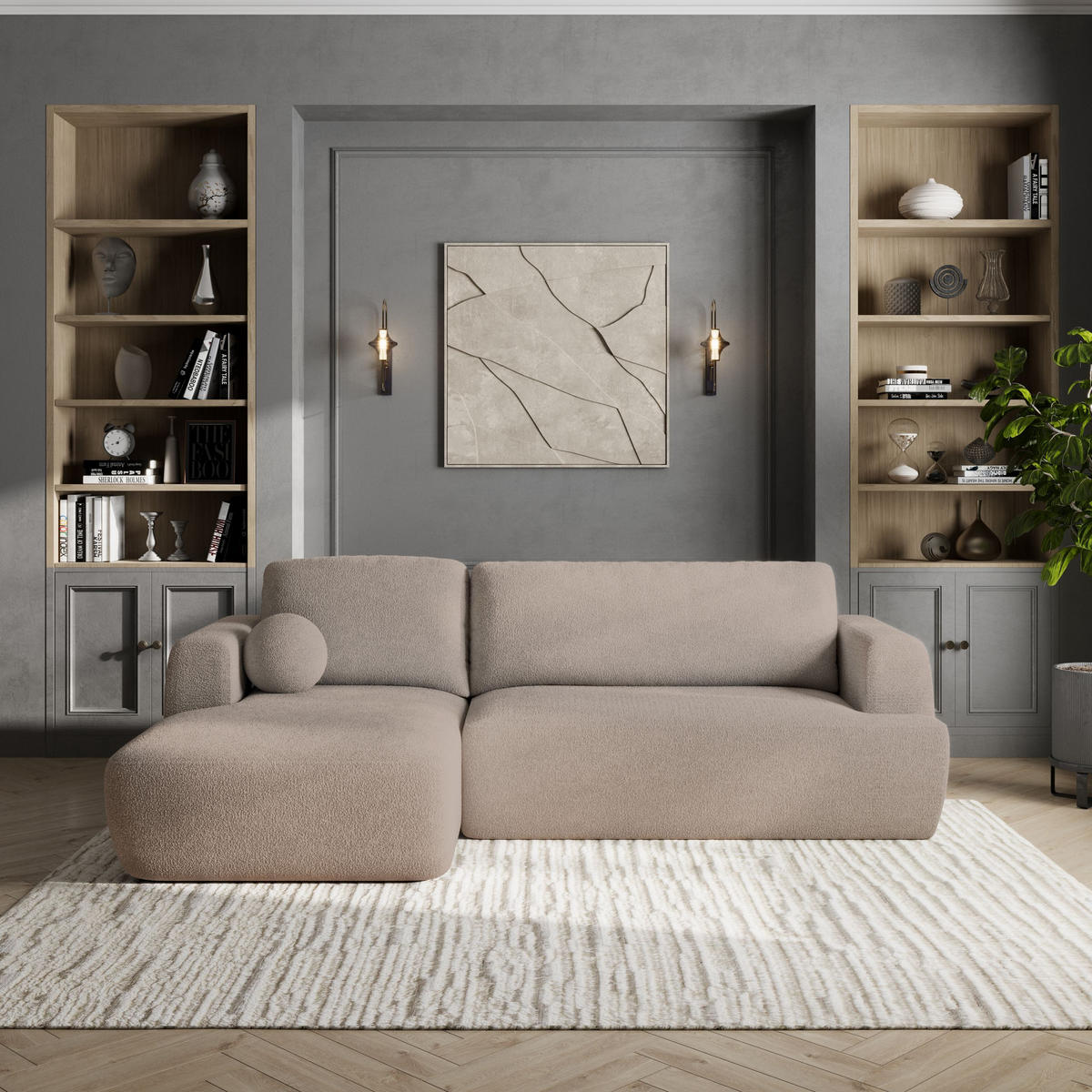 ECKSOFA SENTI N L-S Beige Boucle-Stoff mit Schlaffunktion - Beige/Schwarz, Holz/Kunststoff (246/148cm) - MASSENO