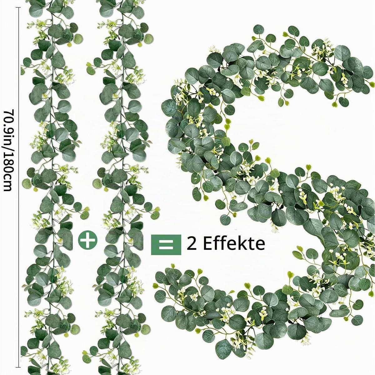 GIRLANDE Eukalyptus 4-teiliges Set 1,8 m Grün mit Weißen Blüten - Grün, Kunststoff (1cm)