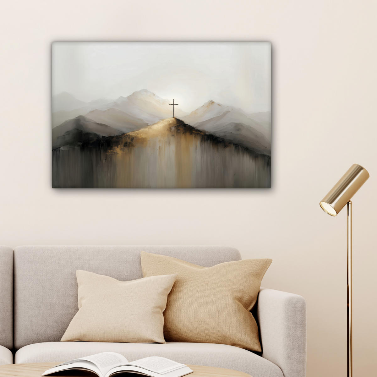 LEINWANDBILD Hügel - Abstrakt - Kreuz - Christentum Gemälde 60x40 cm - Beige, Textil (60/40cm) - MuchoWow