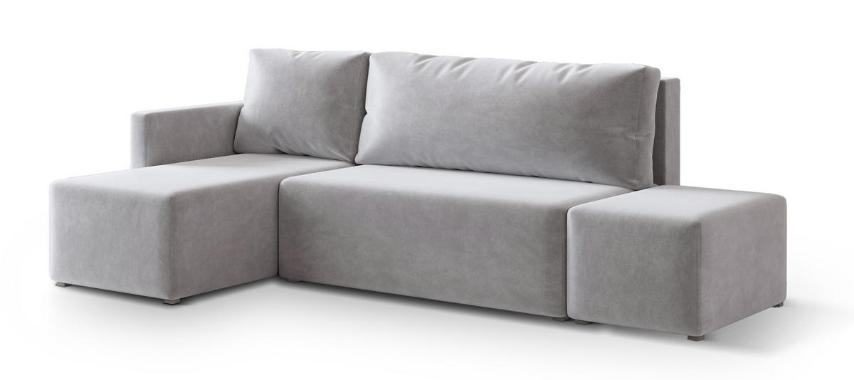 ECKSOFA VELOTTI L-S Hellgrau Plüsch-Stoff mit Schlaffunktion - Hellgrau, Holz (261/143cm) - MASSENO