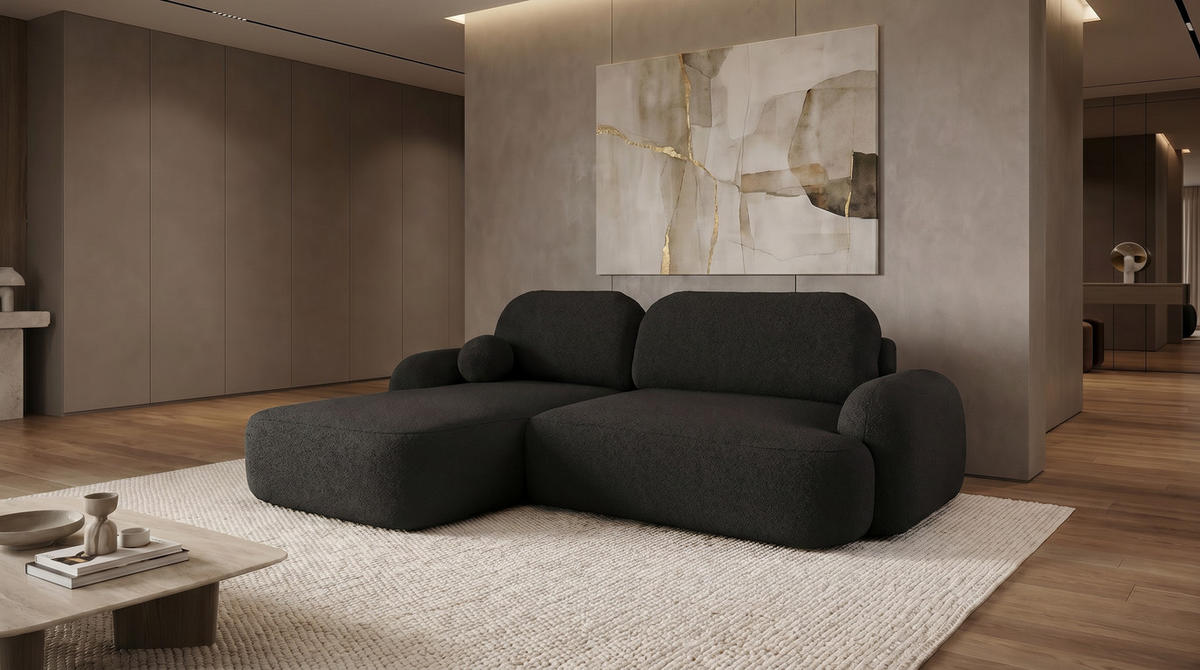 ECKSOFA MIVARO Schlaffsofa Boucle Schwarz (LINKS) - Schwarz, Textil (176/276cm) - Luxkor24