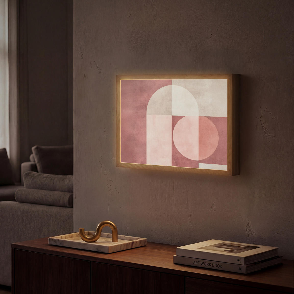 NÁSTĚNNÁ LAMPA S AKUMULÁTOREM Postavy - Abstraktní - Růžová 40x30 cm - starorůžová, kompozitní dřevo (40/30/8cm) - OnlyWow