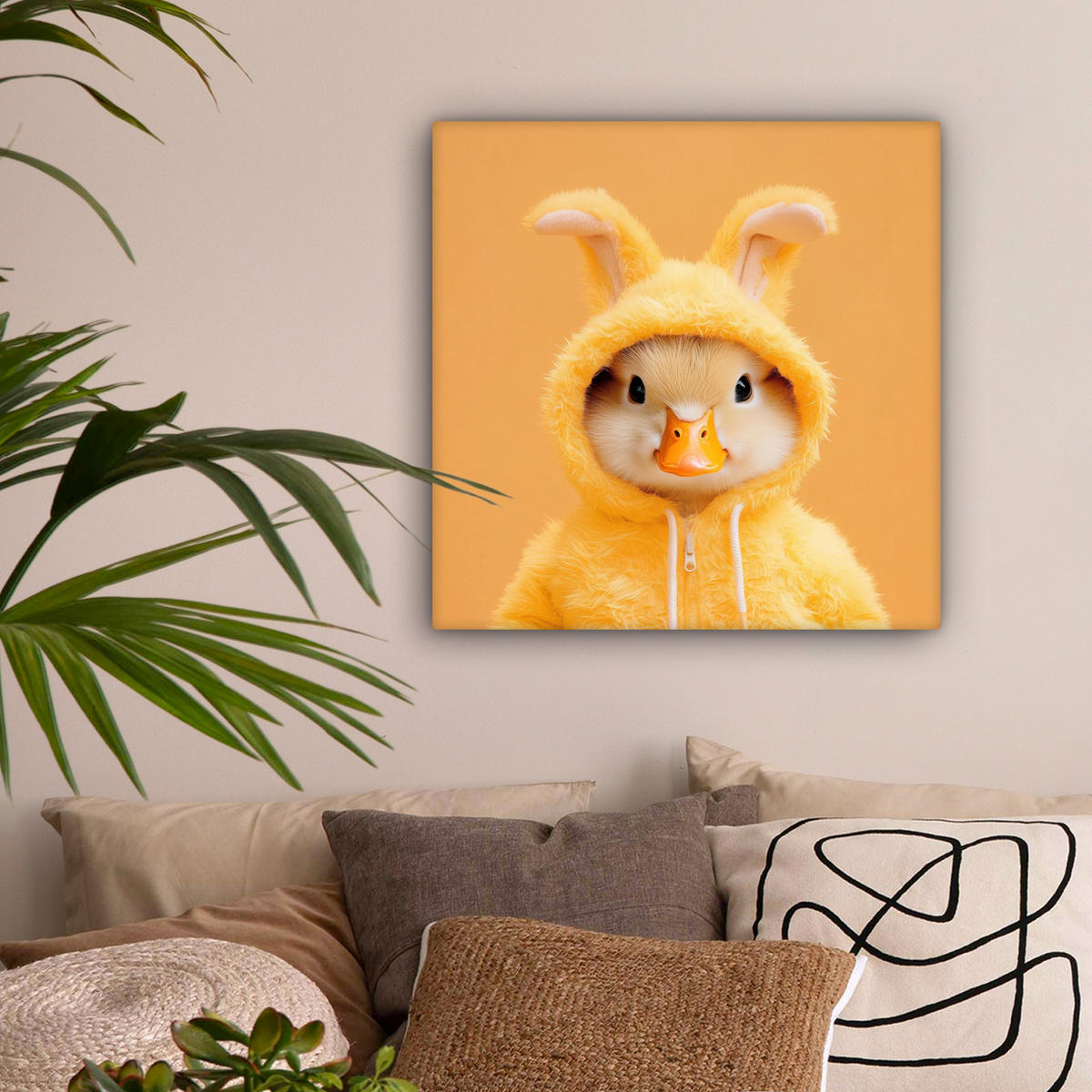LEINWANDBILD Osterhase - Kostüm - Ente Wandbild Wohnzimmer 50x50 cm - Gelb, Textil (50/50cm) - MuchoWow