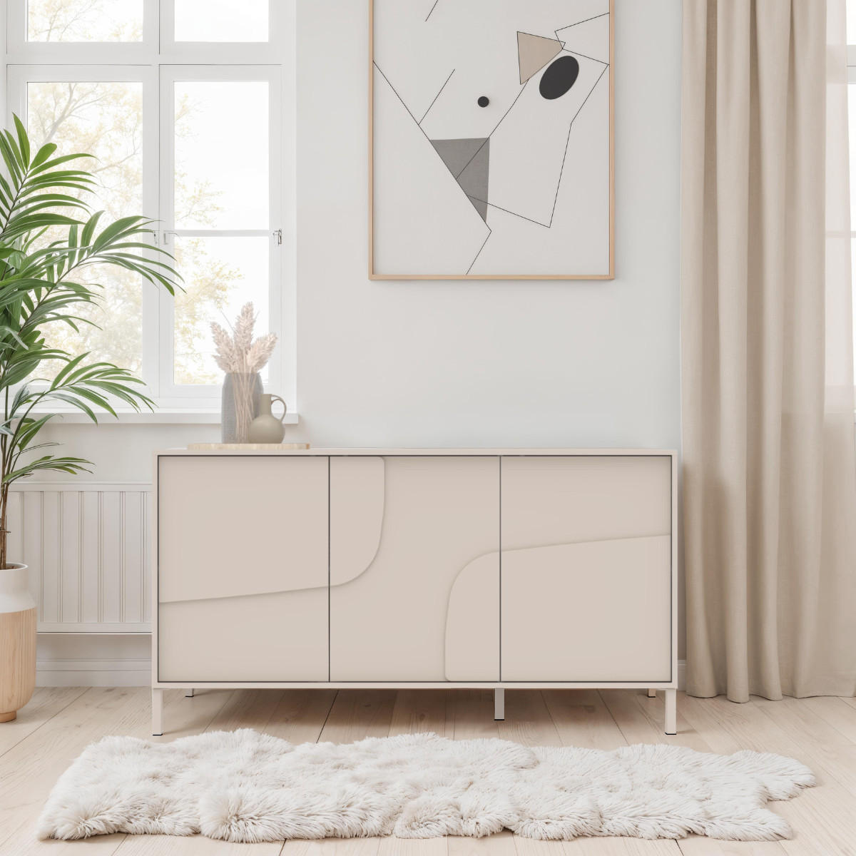 SIDEBOARD mit 3 dekorierten Türen Kaschmir 155/40/86 cm - Beige, Holzwerkstoff (40/86/6.4cm) - Calicosy