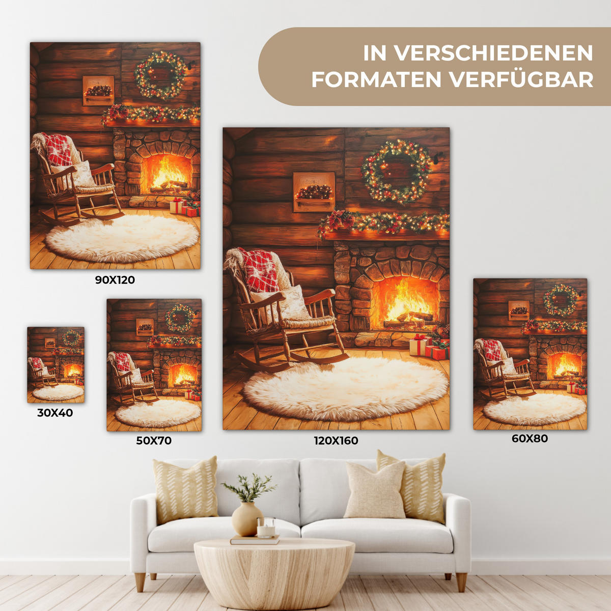 LEINWANDBILD Winter - Weihnachten - Zuhause - Kamin 30x40 cm - Bernsteinfarben, Textil (30/40cm) - MuchoWow