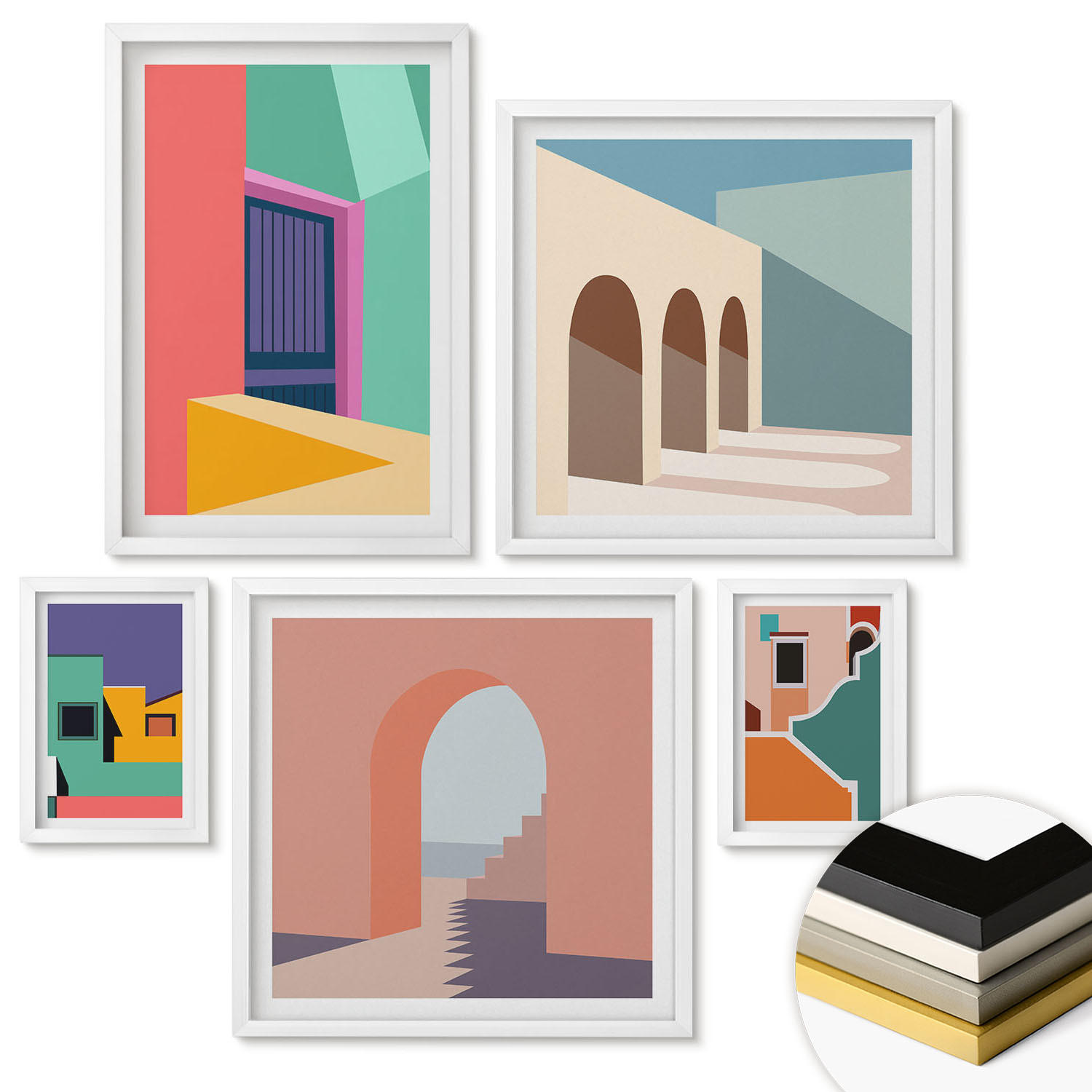 WANDBILDER 5er-Set - 50x50 cm & 20x30 cm & 40x60 cm Weißer Rahmen - Farbenfrohe Illustrationen der Stadt - Weiß, Kunststoff (40/60cm) - ArtPrintCave