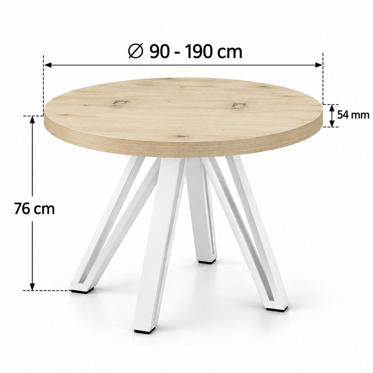 ESSTISCH rund ausziehbar 90/190/76 cm, Eiche Artisan, 54 cm Tischplatte + Industrial-Metallgestell Weiß - Weiß/Eiche Artisan, Holzwerkstoff/Metall (90/190/76cm) - Damale Möbel