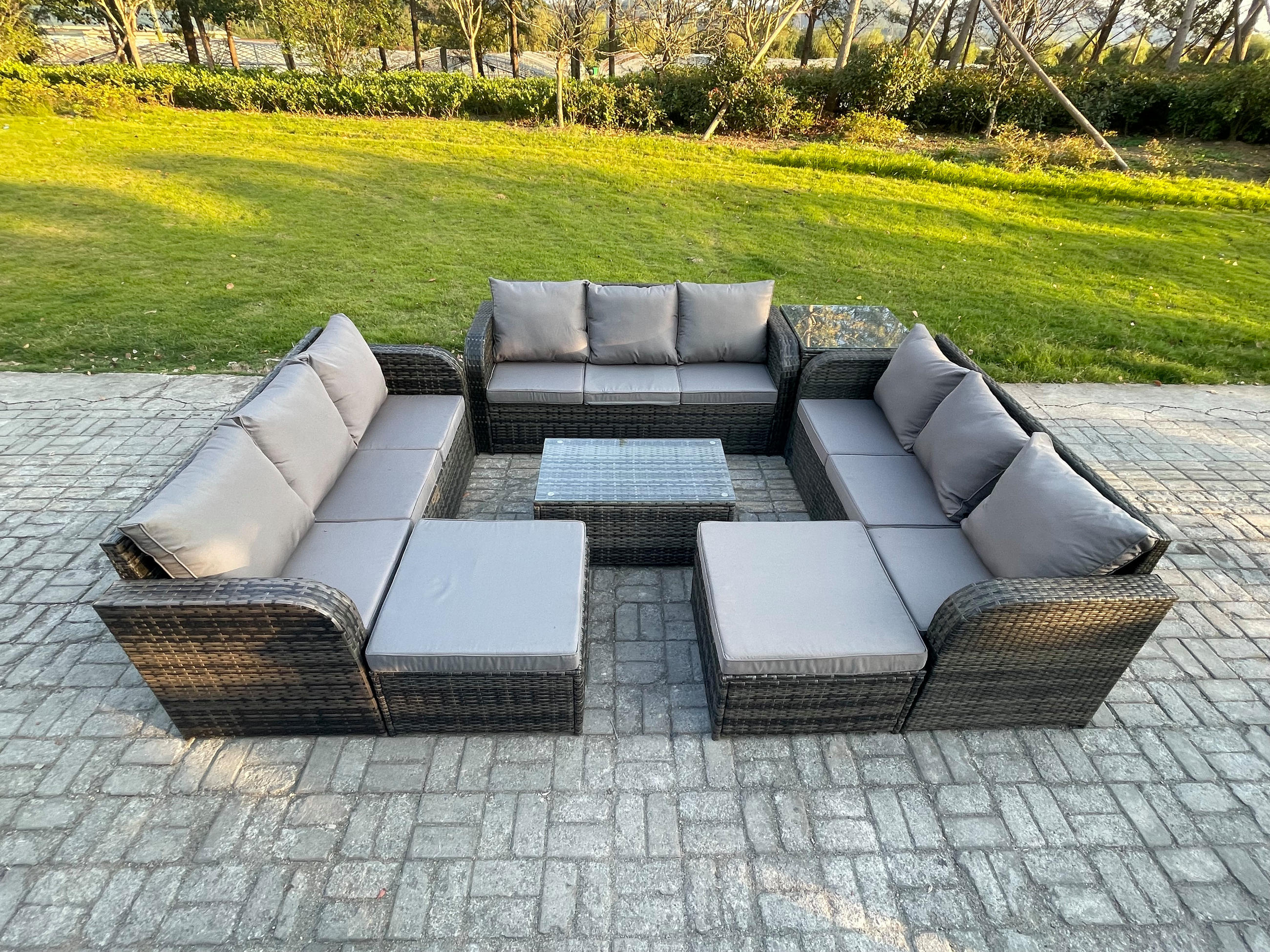 GARTENMÖBELGARNITUR mit KISSEN Polyrattan Dunkelgrau 11-Sitzer - Dunkelgrau/Grau, Glas/Kunststoff - Fimous