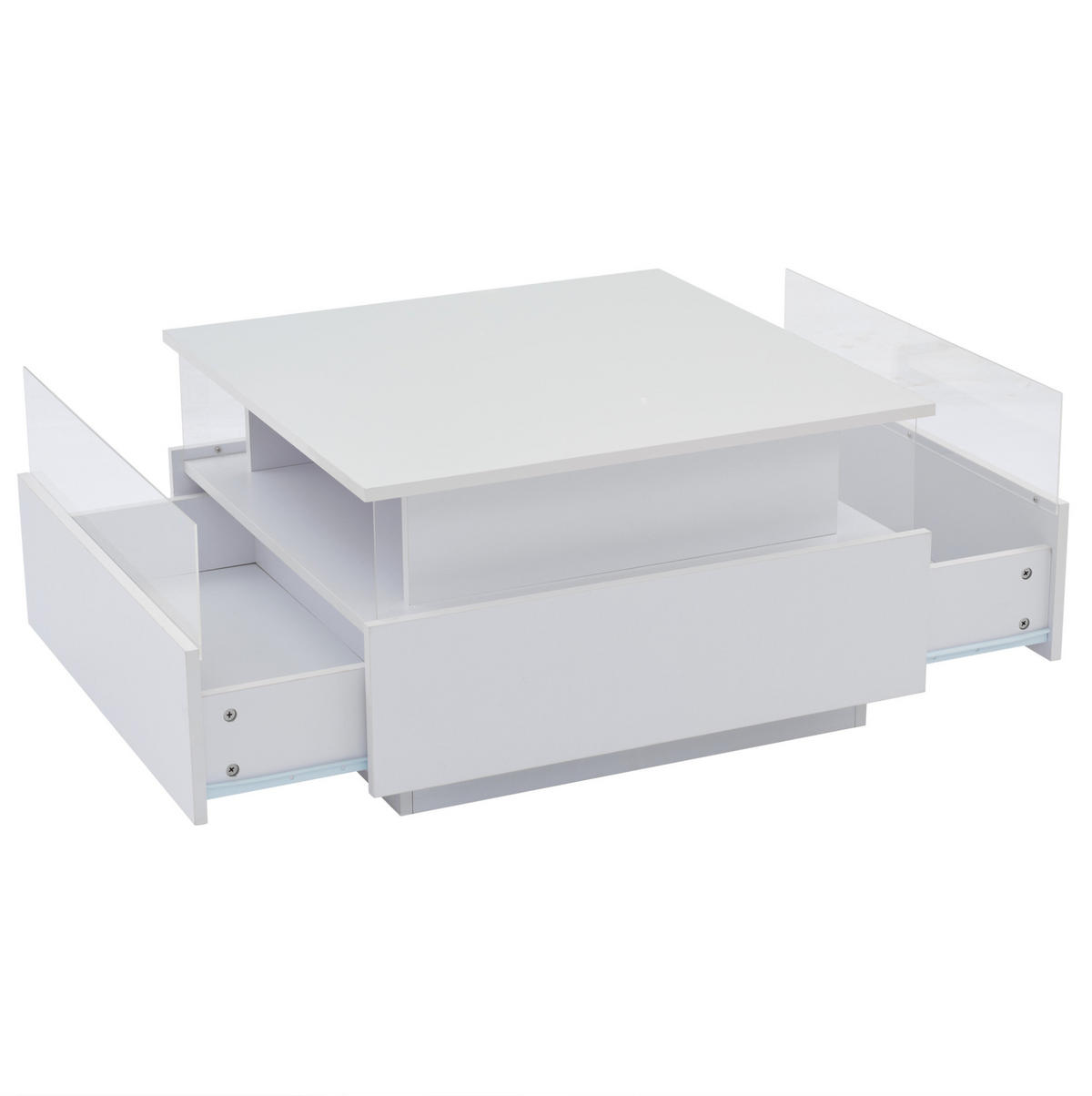 COUCHTISCH aus Spanplatte 70x70x41 cm Weiß mit LED-Beleuchtung, 2 Schubladen und Präsentationsfach - Weiß, Holzwerkstoff (70/70/41cm) - IVMEU