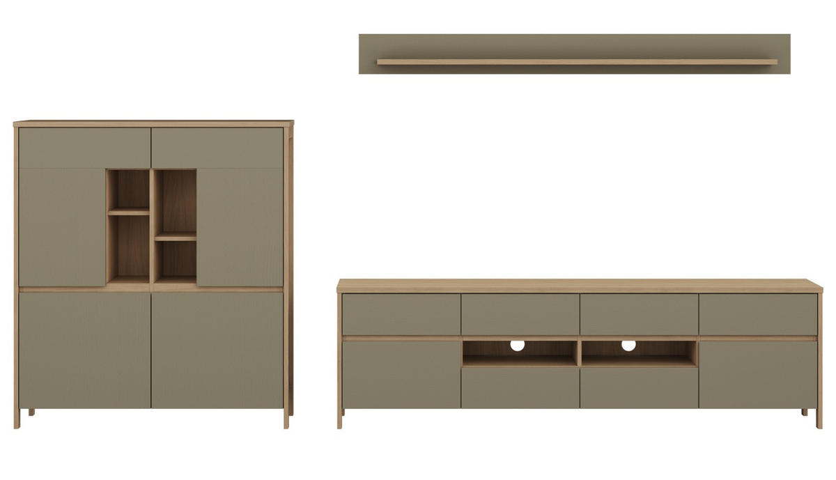 WOHNWAND Salbei grün, Eiche, Wohnkombination skandinavisch 3-teilig 319 cm, Soft-Close - Eichefarben/Salbeigrün, Glas/Holzwerkstoff (319/170/39cm) - Furn.Design