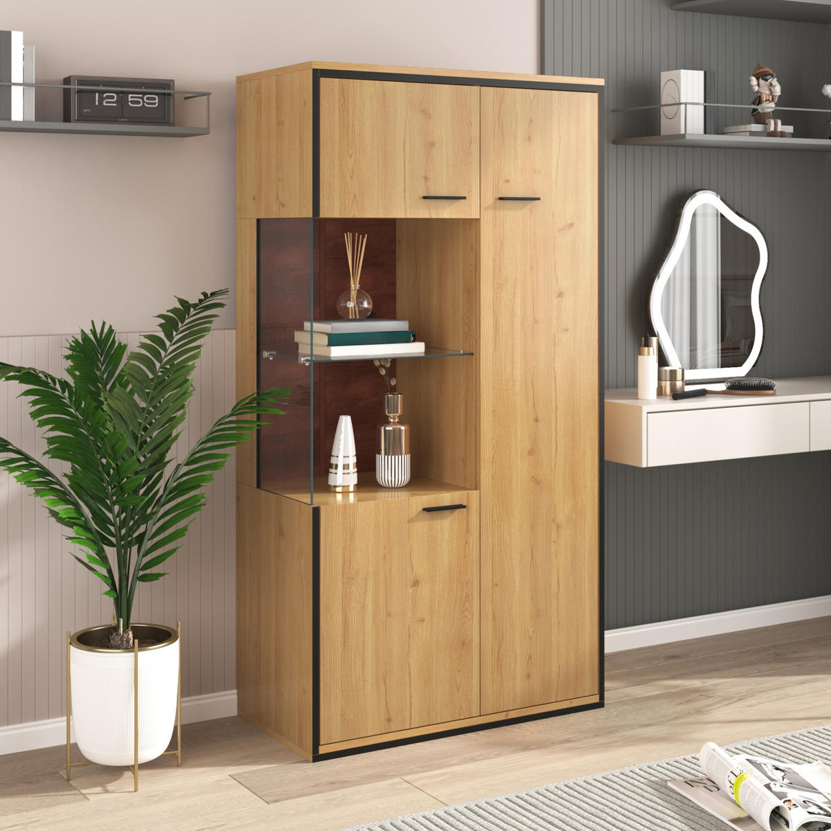 VITRÍNA 150/77,5/40 cm, MDF, prírodná s LED osvetlením - prírodná farba, kompozitné drevo (77.5/150/40cm) - BEAOK