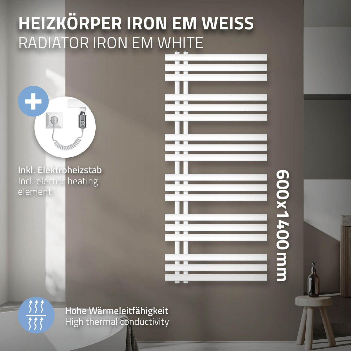 BADHEIZKÖRPER elektrisch Iron EM 600x1400 mm Weiß mit Heizstab 900W - Weiß, Metall (60/140/3cm) - LuxeBath