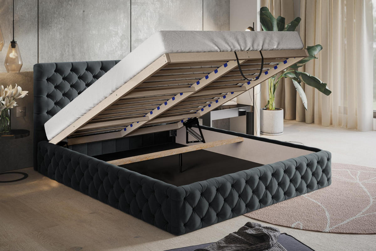 BETT 120x200 - Polsterbett mit Bettkasten und Holzrahmen - Elegant Betten - Weicher Jasminstoff - Kollektion Miami, Dunkelgrau - AlpiMeble - Dunkelgrau, Holz/Kunststoff (120/200cm) - Alpi-Möbel