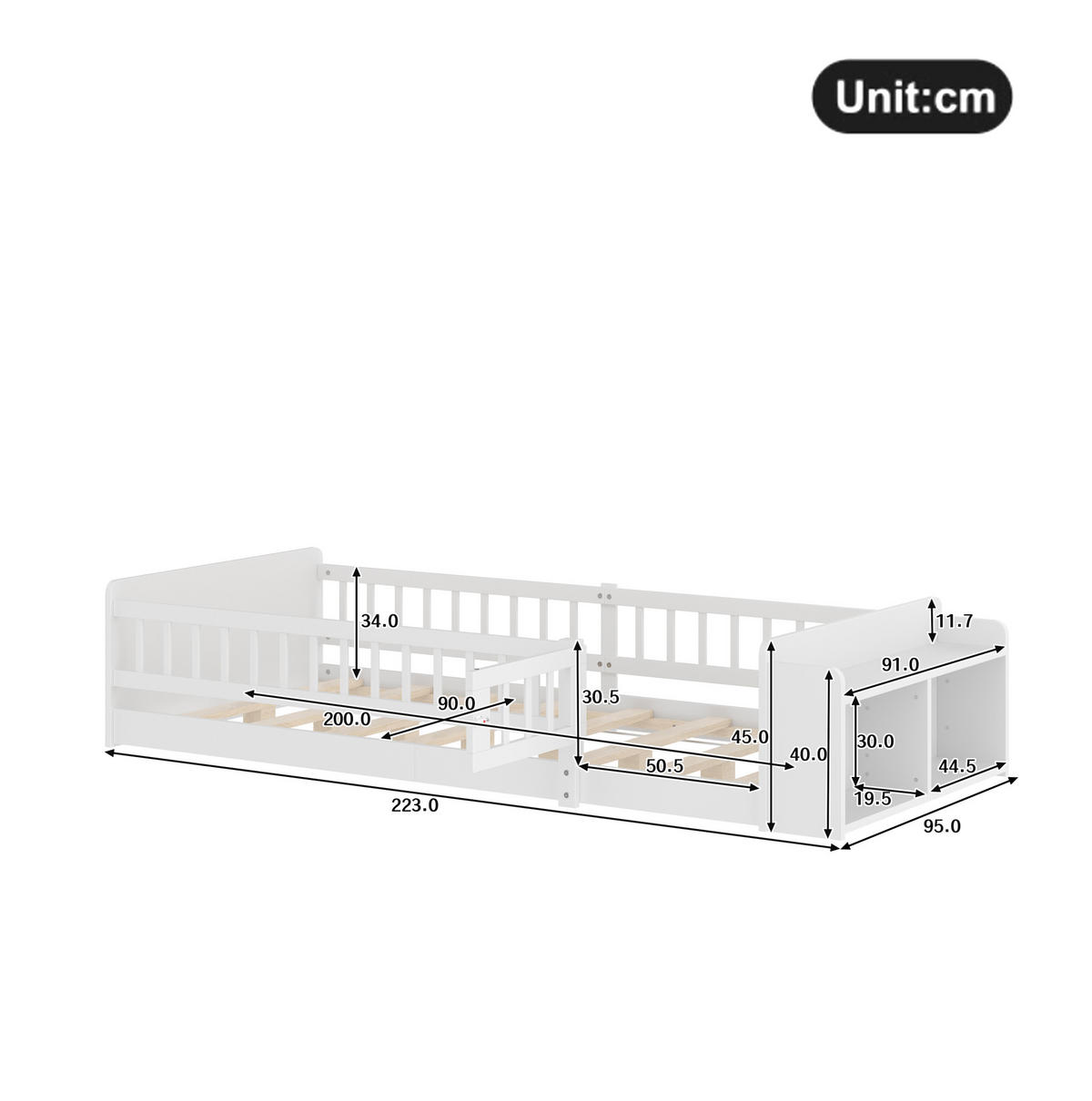KINDERBETT 90/200 cm aus Kiefernholz und MDF mit offenem Stauraum und öffnbarer Zauntür Weiß - Weiß, Holz (90/200cm) - Modenvie