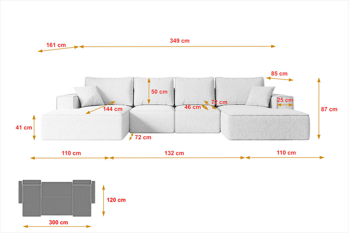 WOHNLANDSCHAFT mit Schlaffunktion und Bettkasten SIERRA-U-S - 349x161x87 cm Weiß Bouclé - Schwarz/Weiß, Holzwerkstoff/Kunststoff (349/87/161cm) - ALTDECOR