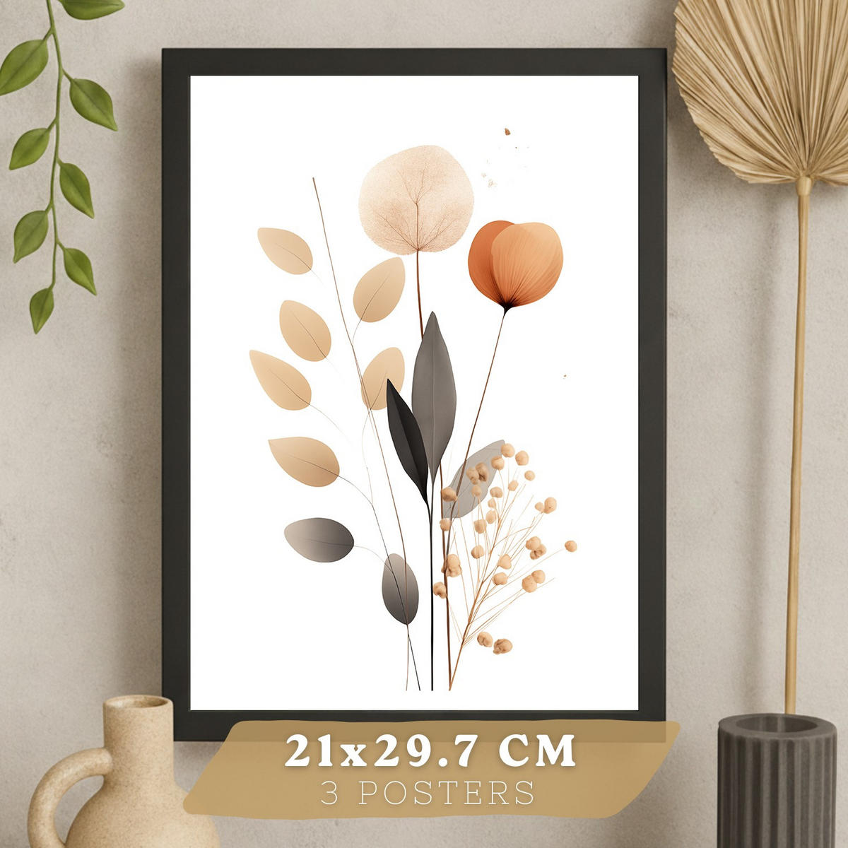 PLAKAT Sada 3 Zemní květy A4 Černý rám - černá, papír (29.7/1/21cm) - Nacnic
