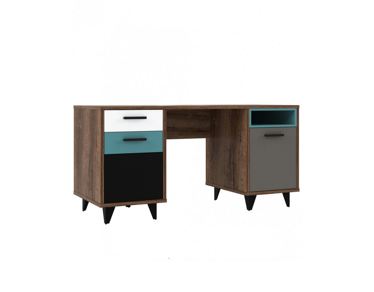 JUGENDZIMMER Raven in Schlammeiche, Grau kombiniert mit Weiß, Schwarz und Orientalisch Grün 7 teilig mit Schwebetürenschrank - Grau, Holzwerkstoff (120/200/80cm)