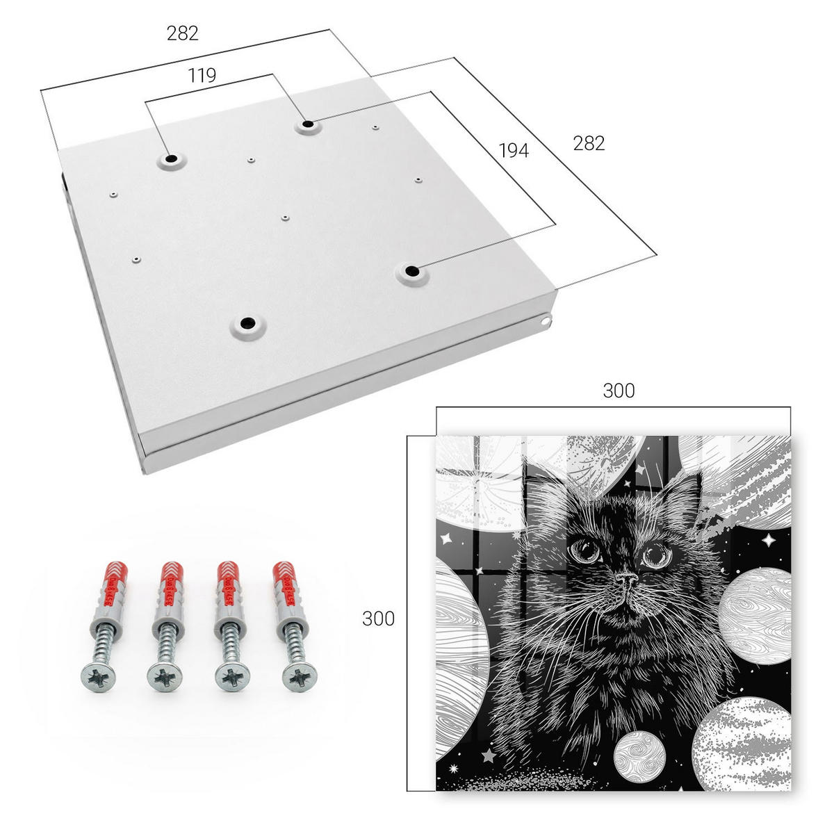 SCHLÜSSELBOX Weiß 30x30 cm – Türöffnung nach rechts - Weltraumkatze - Schwarz, Metall (30/30/5cm) - TULUP
