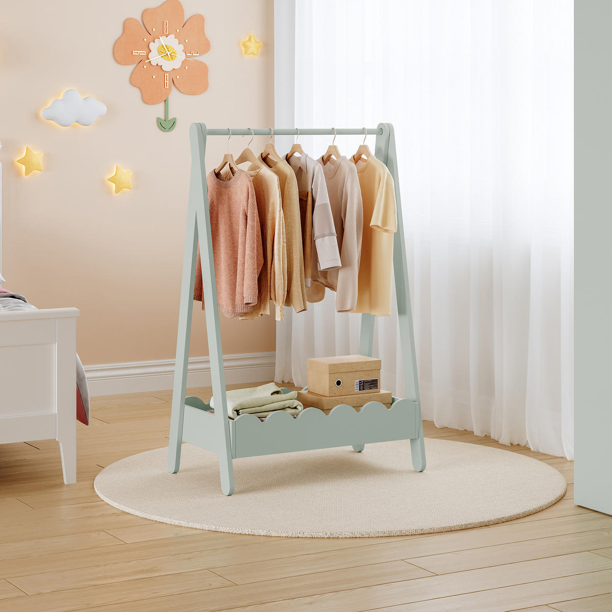 DĚTSKÝ VĚŠÁK NA OBLEČENÍ Vestnes II. - mátově zelená, kompozitní dřevo (66/99/38cm) - [en.casa]