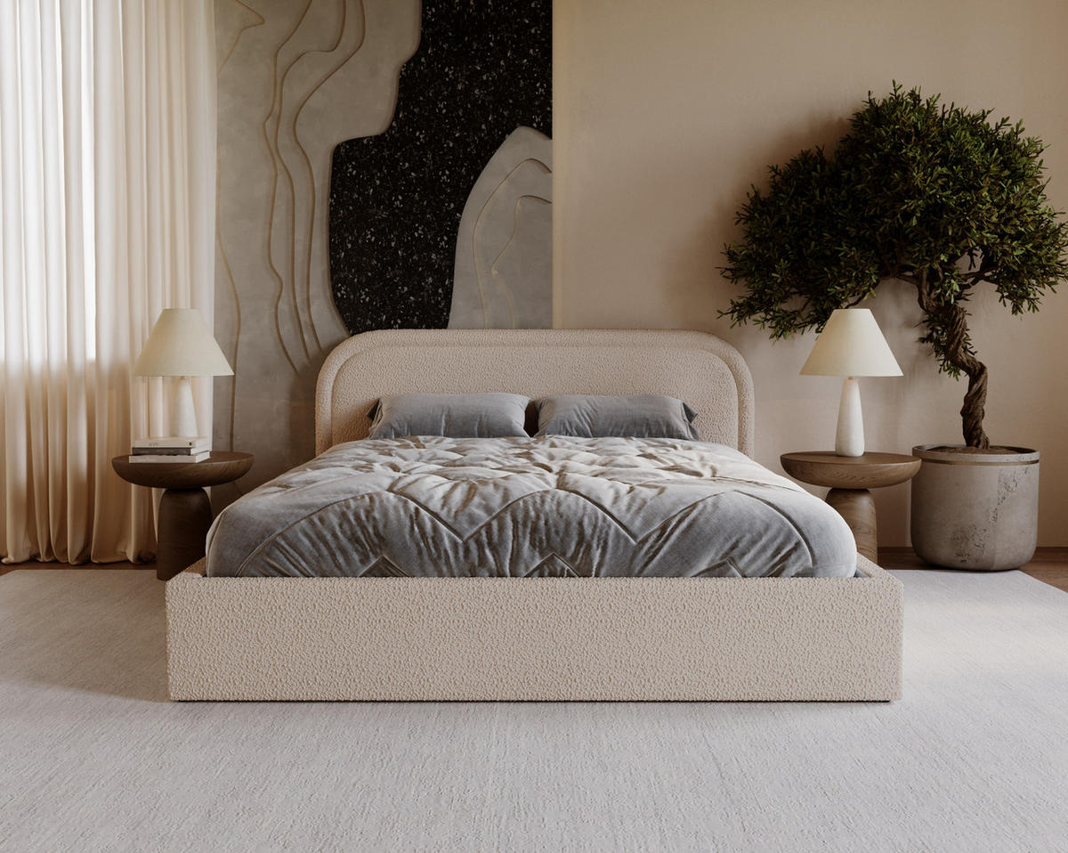 DOPPELBETT 140x200 Dune mit Bettkasten, runde Kopfteil, Bouclé, Beige - Beige, Holz/Textil (140/200cm) - Emporius