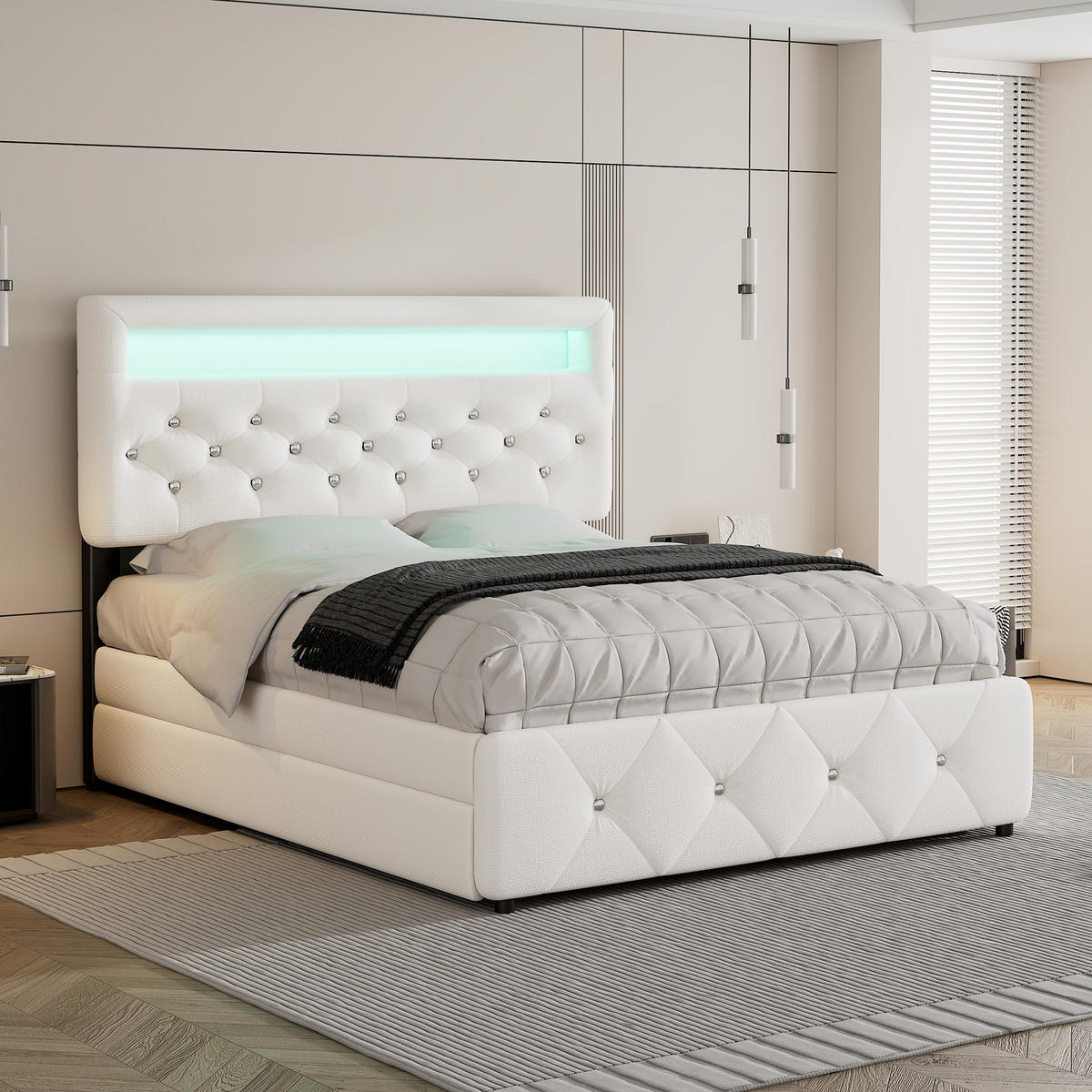 POLSTERBETT 140/200 cm Weiß mit Bettauszug und 2 Schubladen sowie Nachttisch mit Lichtleiste - Weiß, Textil (140/200cm) - OKWISH