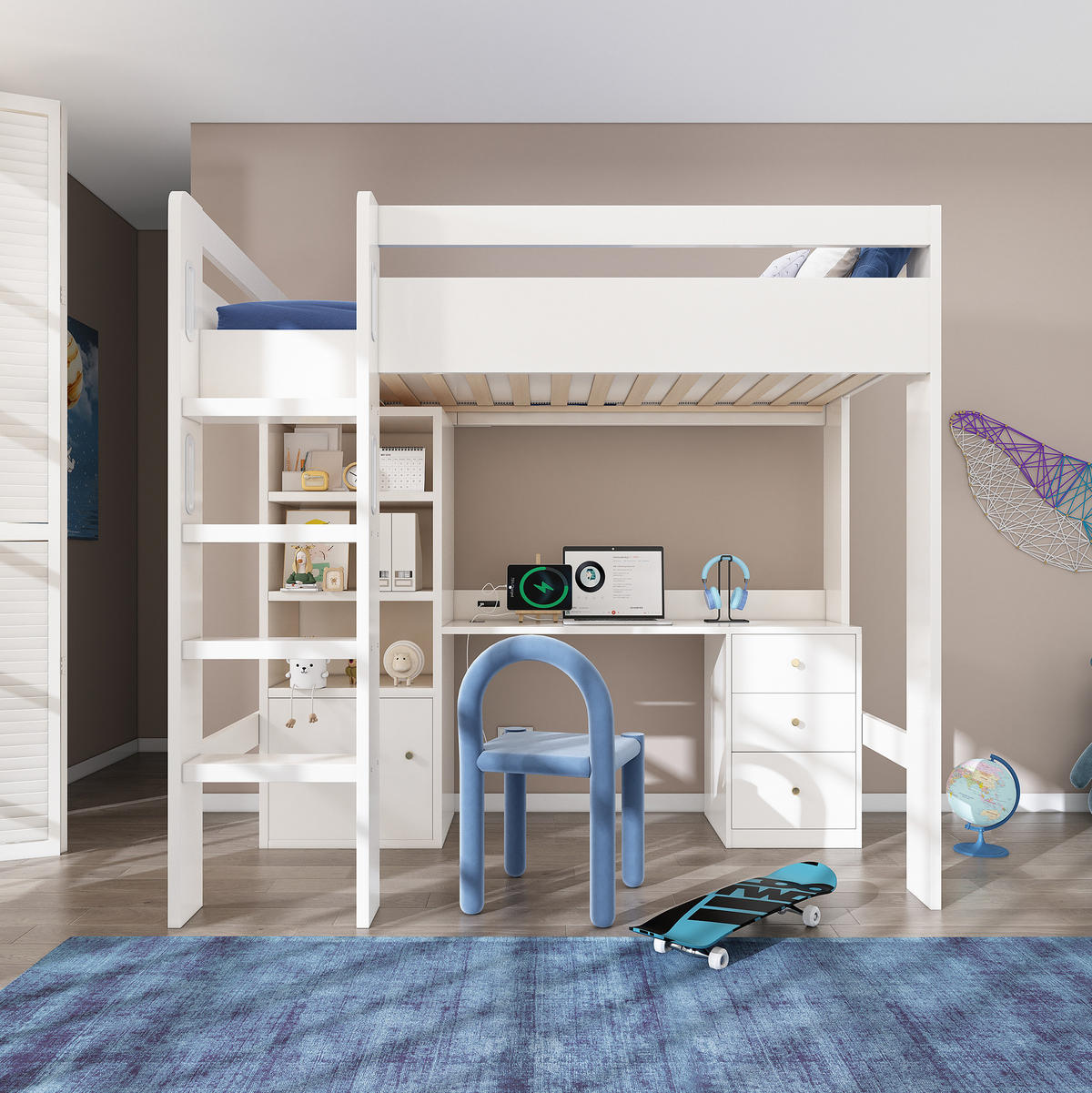 HOCHBETT 90/200 cm Weiß aus MDF, Spanplatte und Massivholz mit Schreibtisch und Stauraum - Weiß, Holzwerkstoff (90/200cm) - OKMYHOME