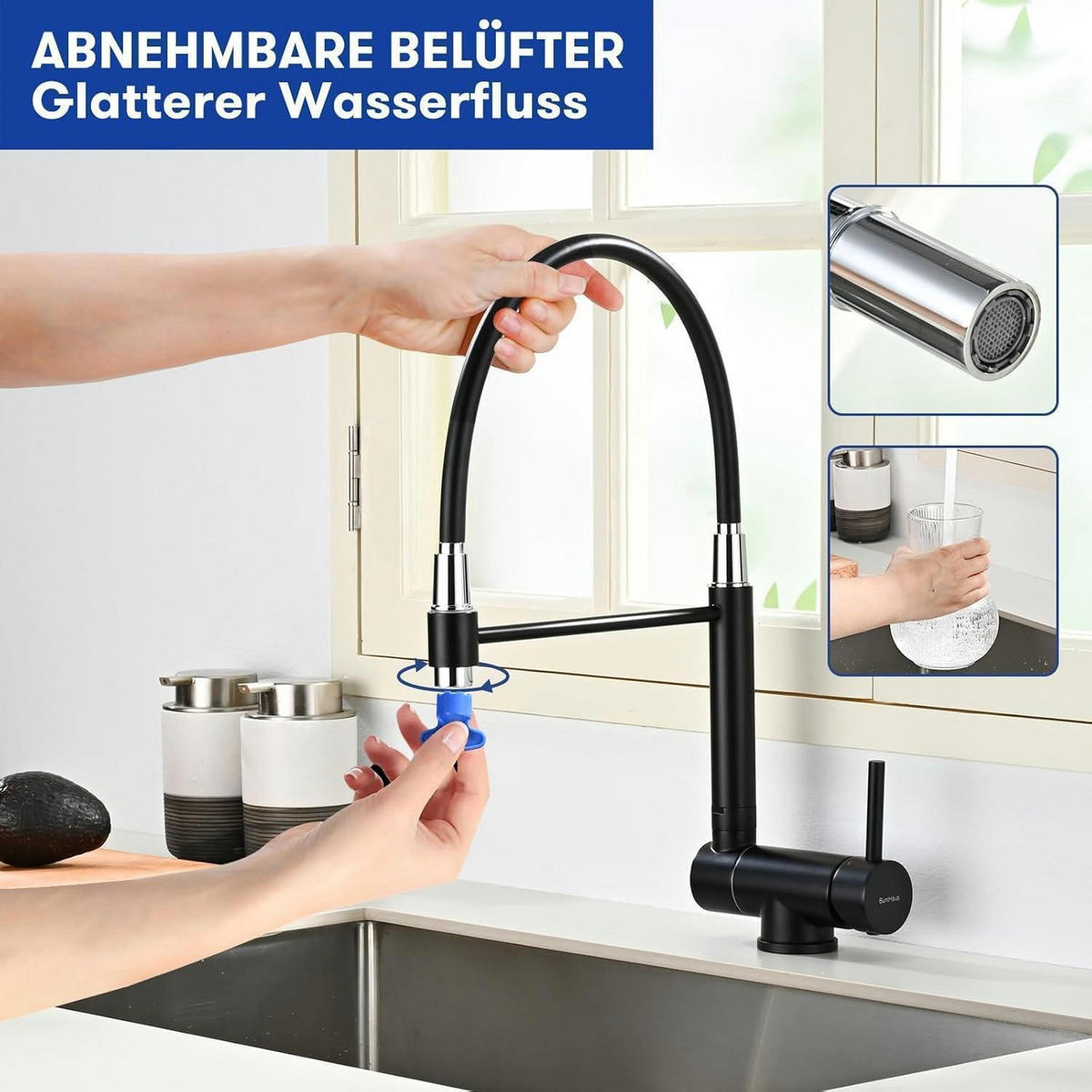 KÜCHENARMATUR ausziehbar faltbar 360° schwenkbar gebürsteter Edelstahl Mattschwarz - Schwarz, Metall (2.8/42.8/55cm)