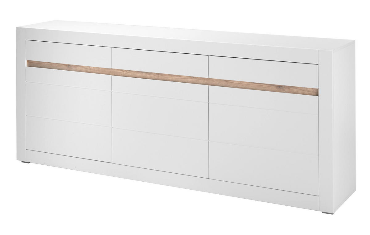 SIDEBOARD weiß matt, Evoke Eiche, Kommode 217 x 90 cm, Soft-Close-Funktion - Eichefarben/Silberfarben, Holzwerkstoff/Kunststoff (217/90/42cm) - Furn.Design