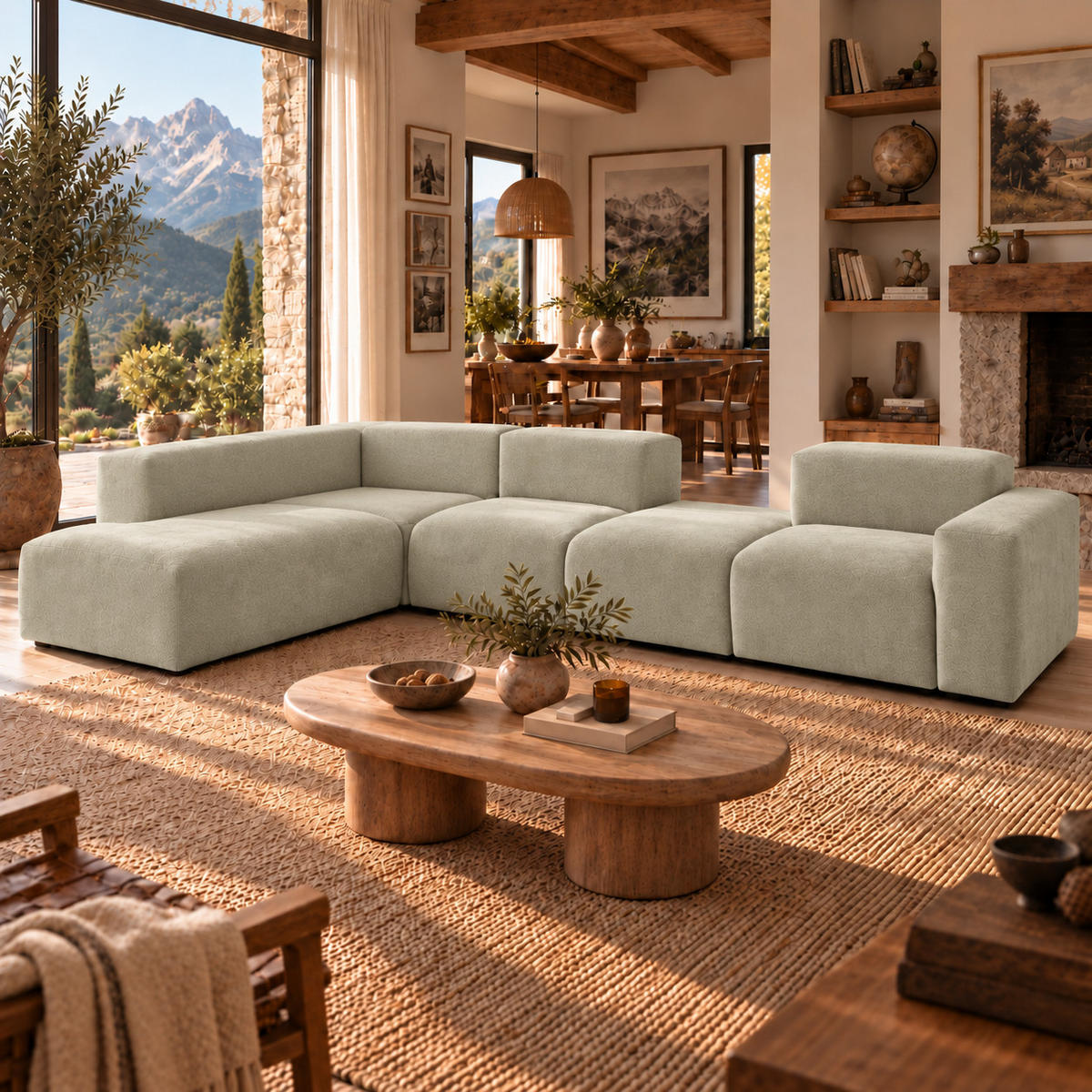 5-SITZER modulares Ecksofa HEAVEN SET 5 Links, Breite 380 cm Webstoff Olivgrün - Schwarz/Olivgrün, Holz/Kunststoff (380/245cm) - Muffo