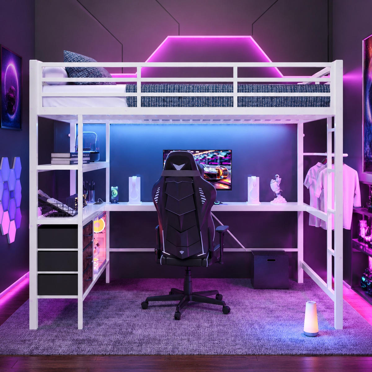 HOCHBETT 140/200 mit LED, Schreibtisch und USB in Weiß - Weiß, Holz/Metall (140/200cm) - EVRYAE