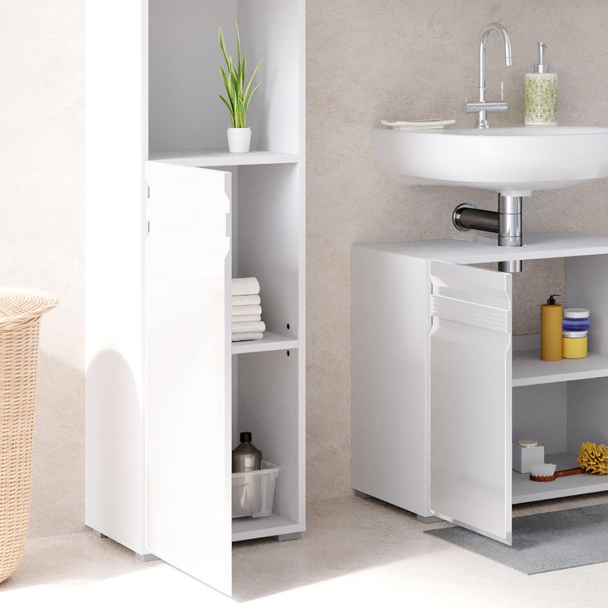 BADSCHRANK Fredd Weiß 36.4 x 190.5 cm - Weiß Hochglanz, Holzwerkstoff (36.4/190.5/31cm) - Vicco