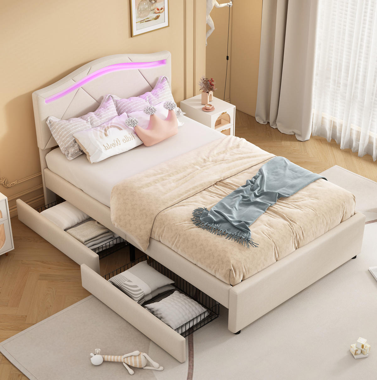 POLSTERBETT 90/200 cm Beige mit LED-Beleuchtung und 2 Schubladen - Beige, Textil (90/200cm) - Flora Grace