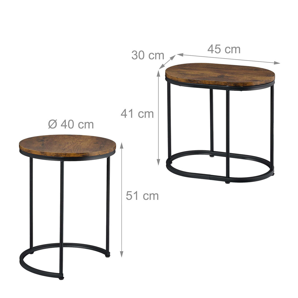 SATZTISCH Braun Schwarz 2er-Set MDF Metall Holzoptik rund oval 51x40 cm - Multicolor, Holzwerkstoff/Kunststoff (40/40/51cm) - Relaxdays