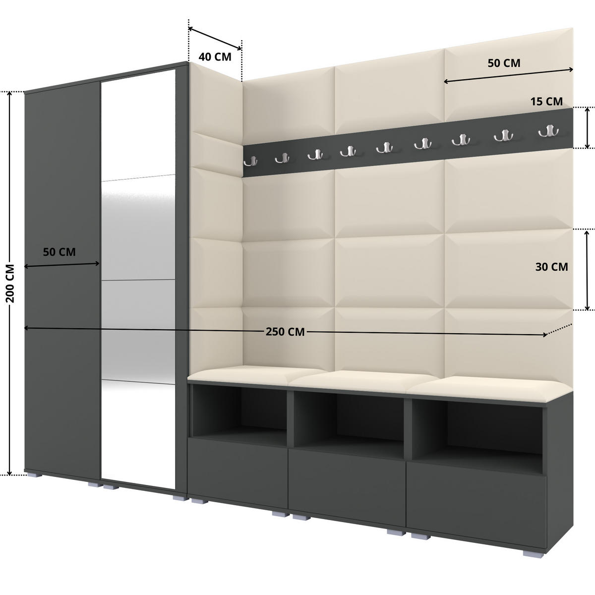 GARDEROBE NELA VII 250 cm (Modulare Flurmöbel XL Graphit mit Spiegel & Sitzpolster Creme 01 Universell) - Silberfarben/Creme, Holz/Holzwerkstoff (250/187/40cm) - Ravio