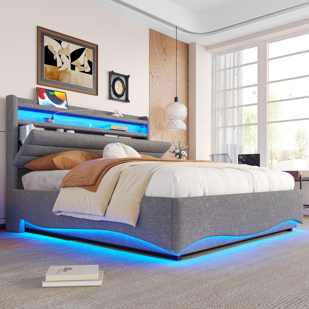 POLSTERBETT 140x200cm Grau LED Hydraulik USB Leinen - Grau, Holz (90/200cm) - FLIEKS