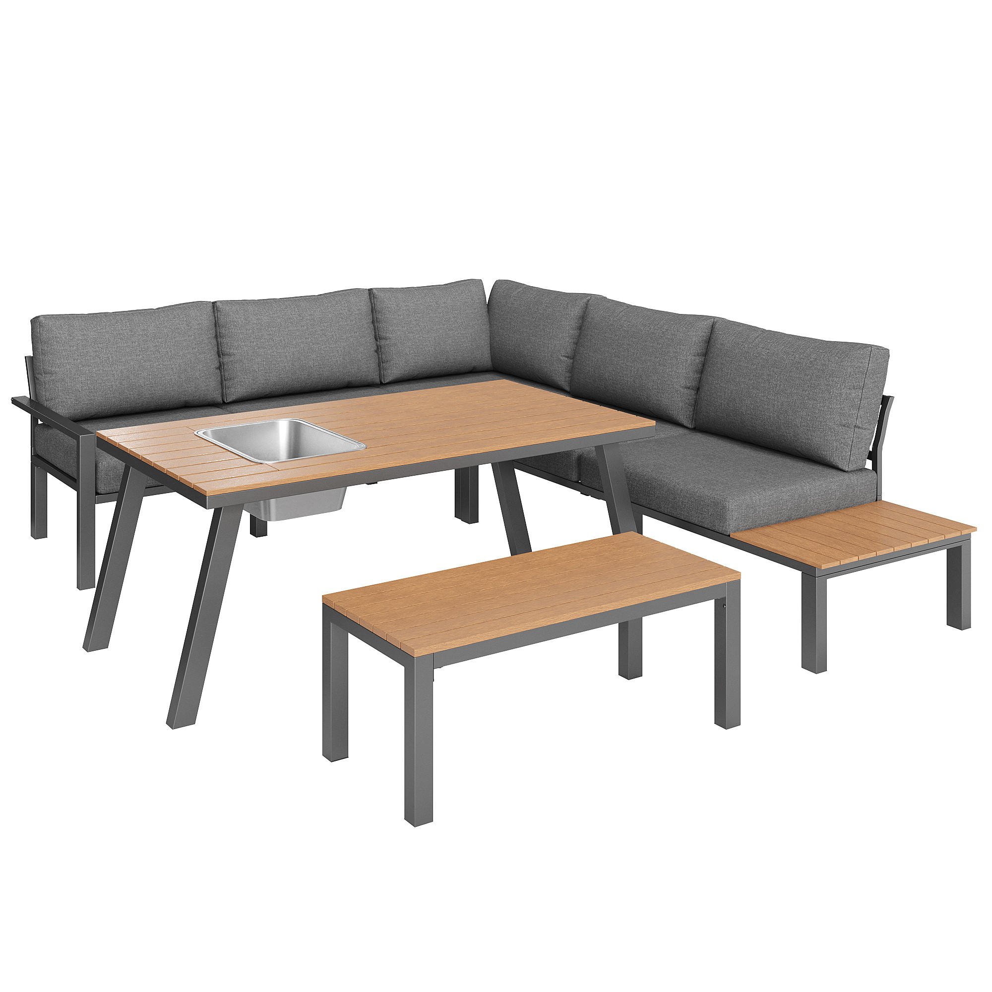 GARTENMÖBEL 147x60x65cm grau aus Metall und Plastik, mit Kissen - Grau, Metall - Modfu