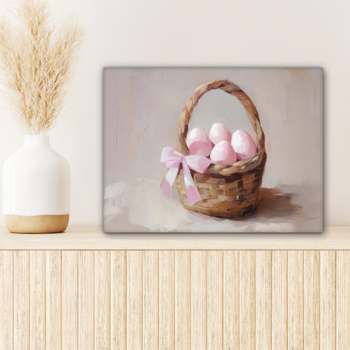 LEINWANDBILD Korb - Eier - Rosa Wandbild 40x30 cm - Beige, Textil (40/30cm) - MuchoWow