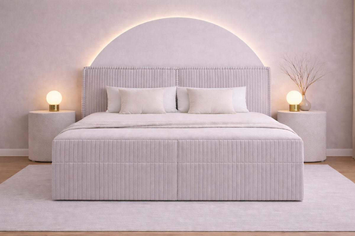 BOXBETT 04 180 x 200 cm - Ambience – Modernes Polsterbett mit Bettkasten, Topper und gepolstertem Kopfteil, Stoffbezug, Stauraumbett - Hellgrau, Holz (180/200cm) - ROYAL24_MARKT