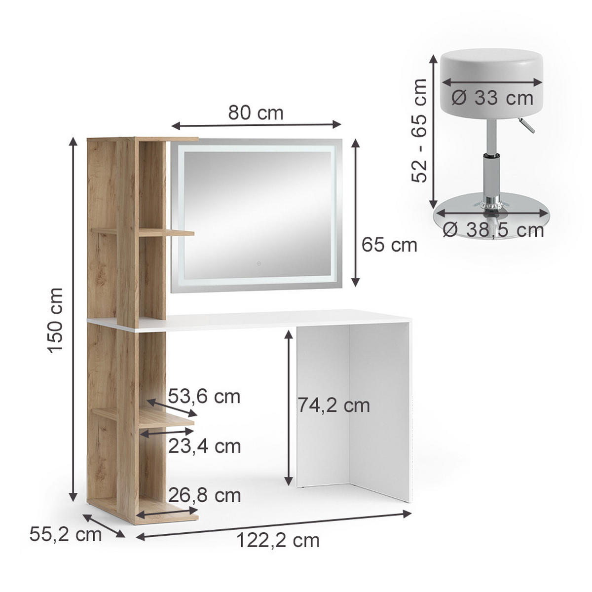 SCHMINKTISCH Tower Weiß/Sonoma 122.2 cm mit LED-Spiegel und Hocker - Weiß/Sonoma Eiche, Holzwerkstoff (122.2/75.8/55.2cm) - Vicco