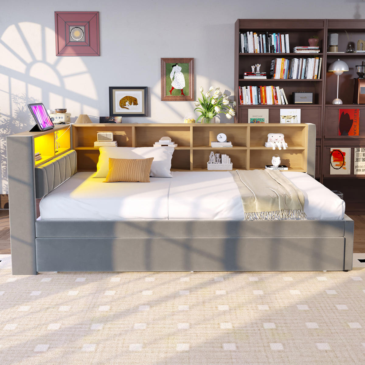 BETT mit Ausziehbett 90/190 cm Dunkelgrau Flanell mit LED-Leuchten & Ladeanschlüssen - Dunkelgrau, Textil (90/190cm) - OKWISH