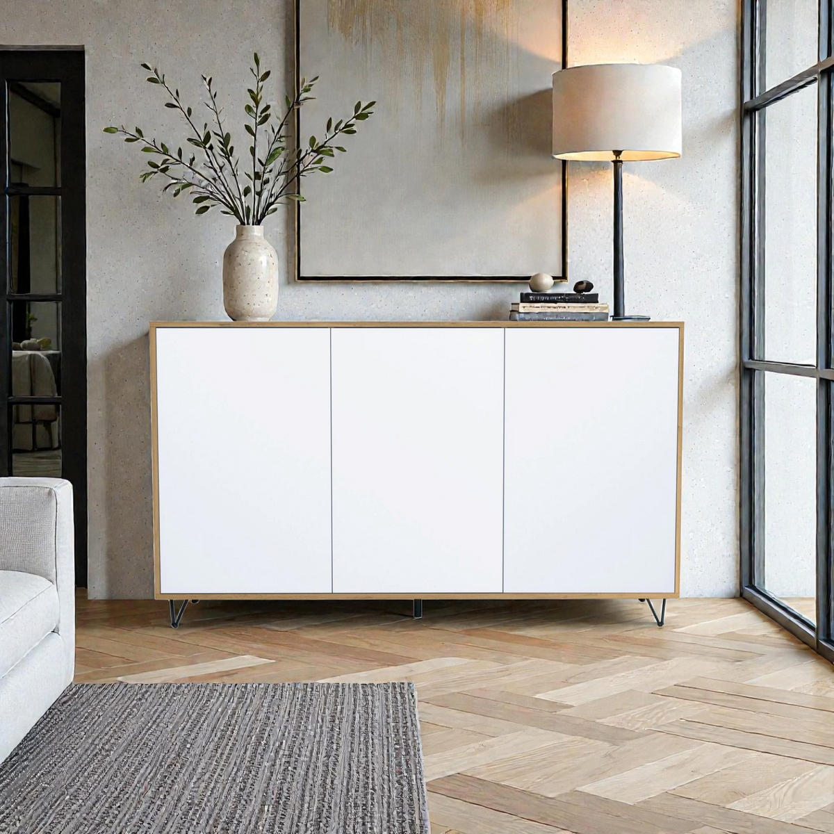 SIDEBOARD Elisa, Kommode mit Push-to-Open, Made in Germany, Moderner Schrank, Eiche Evoke/Weiß matt (152,5 x 90,5 x 37 cm) - Weiß, Holzwerkstoff (152.5/90.5/37cm) - InnoFurn