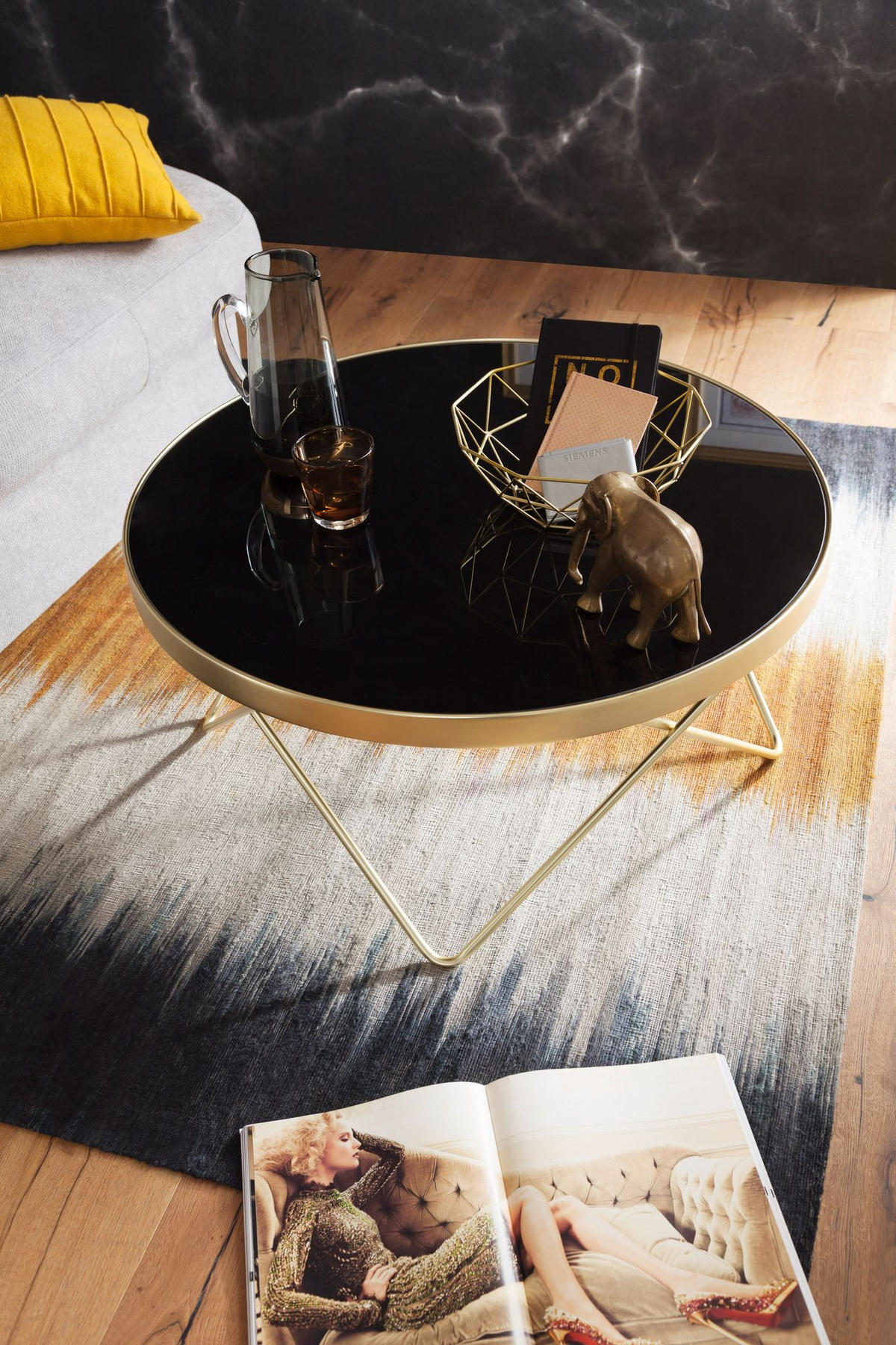 BEISTELLTISCH Schwarz Glasplatte Goldene Beine Retro-Stil 82cm Durchmesser - Goldfarben/Schwarz, Glas/Metall (82/82/39cm) - KADIMA DESIGN