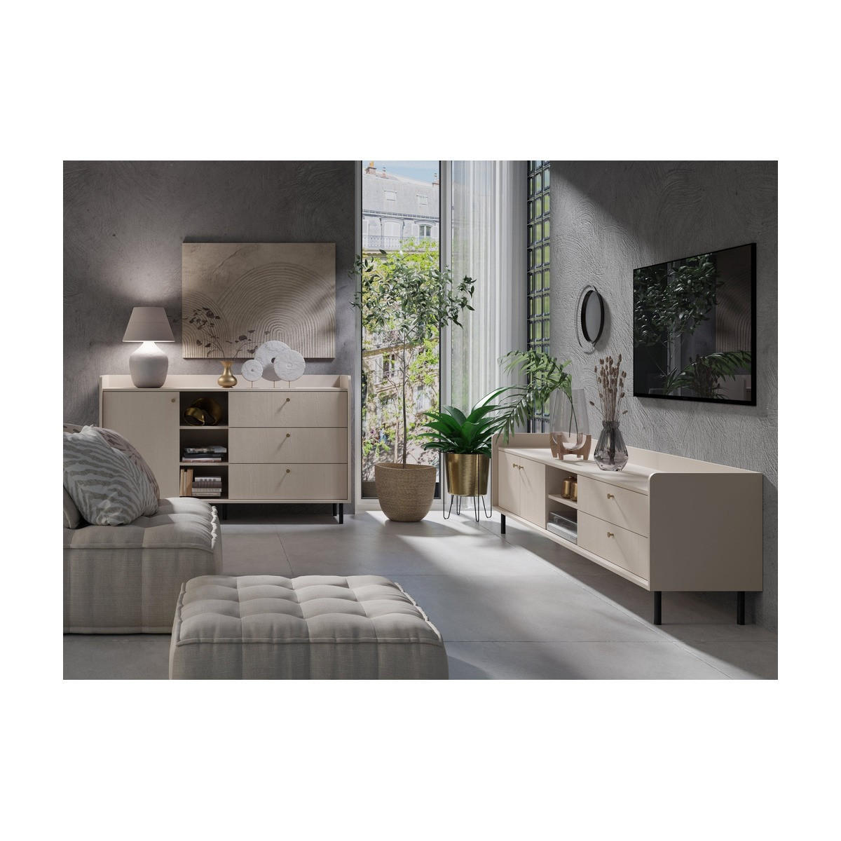 WOHNZIMMER Set – GRANDE System – Beige - Beige, Holzwerkstoff (153.5/91/42cm) - hi-markt