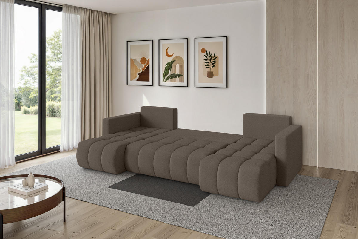SEDACÍ SOUPRAVA DO U s funkcí spaní a úložným prostorem GARD-U 300x146x85 hnědá bouclé - černá/hnědá, kompozitní dřevo/textil (300/85/146cm) - ALTDECOR