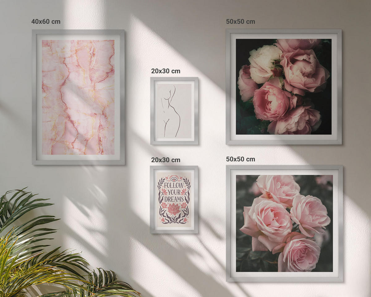 WANDBILDER 5er Set - 50x50 cm & 20x30 cm & 40x60 cm Silberner Rahmen - Vintage-Rosen-Marmorträume - Silberfarben, Kunststoff (40/60cm) - ArtPrintCave