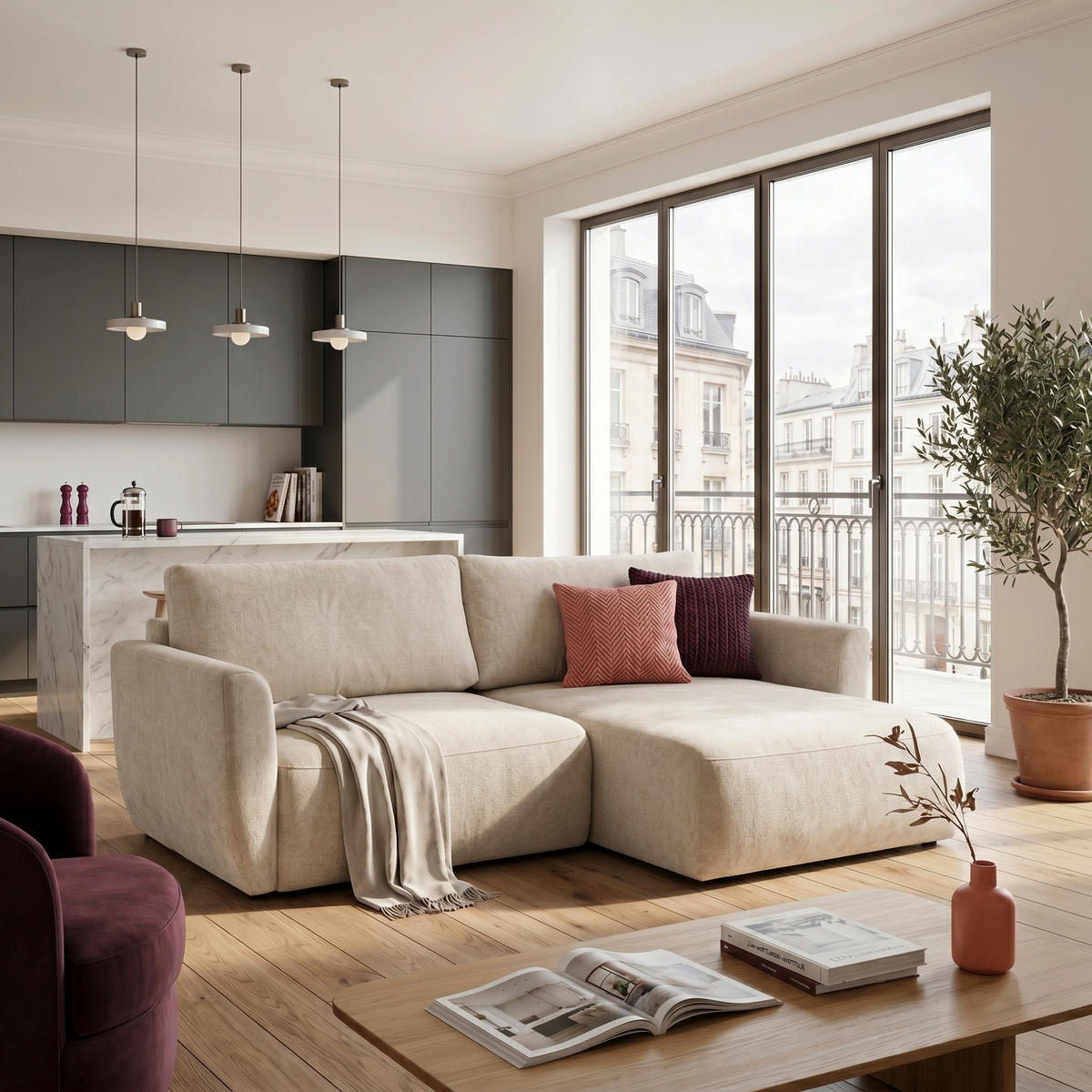 ECKSOFA BELLA L Rechts mit Schlaffunktion 140x205 Velours Creme - Creme/Schwarz, Holz/Kunststoff (165/230cm) - Muffo