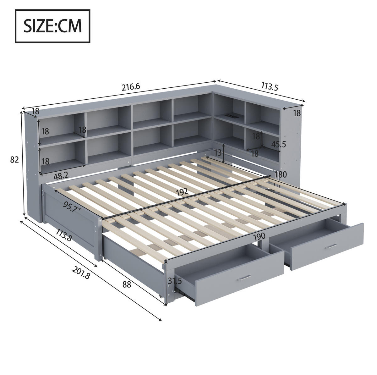 FUNKTIONSBETT 90/190 cm mit Ausziehbett, Stauraum und Steckdose, Grau - Grau, Holzwerkstoff (90/190cm) - Redom