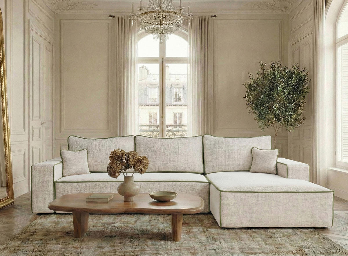 ECKSOFA MIT SCHLAFFUNKTION Modo Grau Chenille-Stoff - Rechts Seite - Creme/Schwarz, Holz/Holzwerkstoff (294/185cm) - Maison de Reve